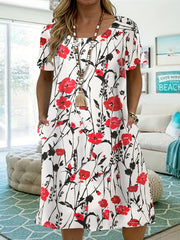 Women's Plus Floral Print Short Sleeve Dress With Pockets