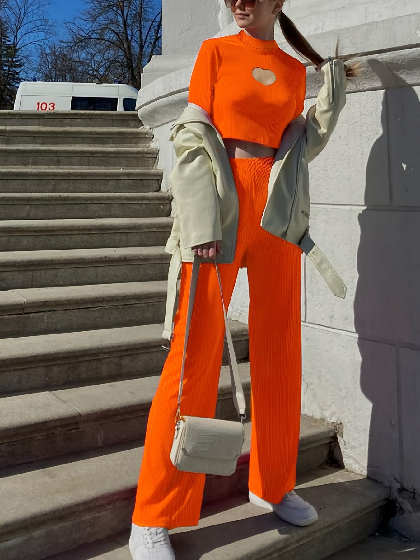Solid Casual Two piece Set Hollow Out Long Sleeve Tops & Wide Leg Pants