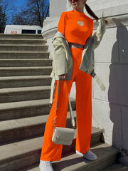 Solid Casual Two piece Set Hollow Out Long Sleeve Tops & Wide Leg Pants