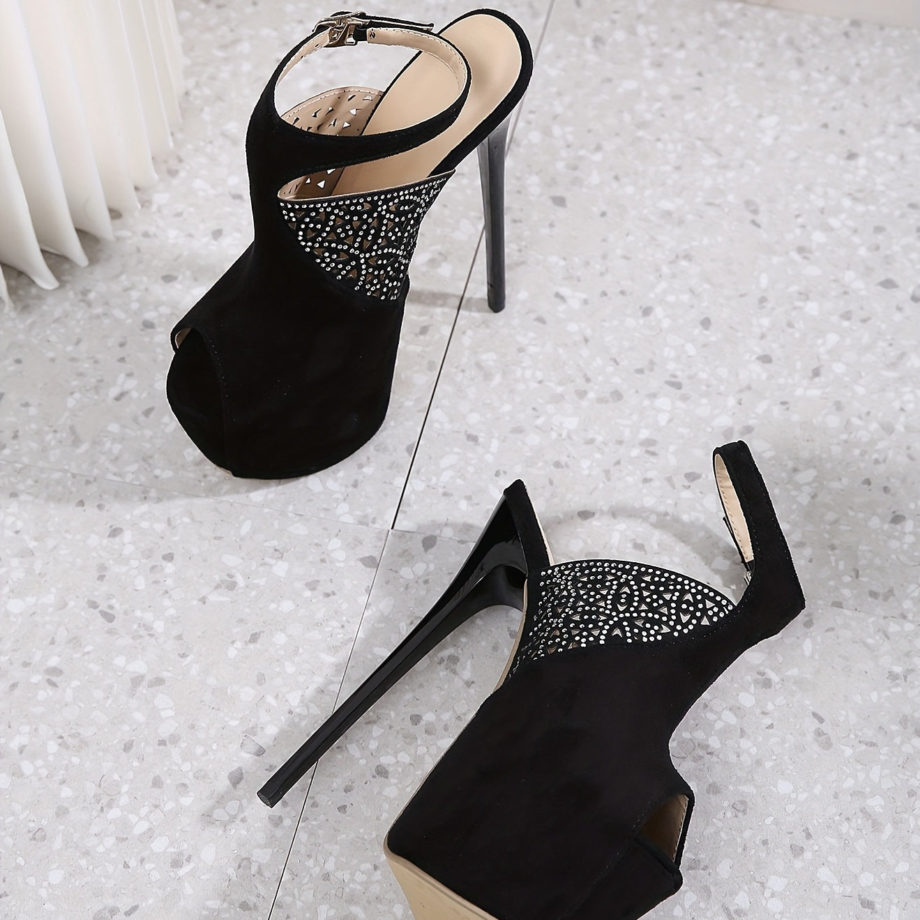 Women's Peep Toe Stiletto Heels Hollow Out Platform Shoes with Rhinestone Decor