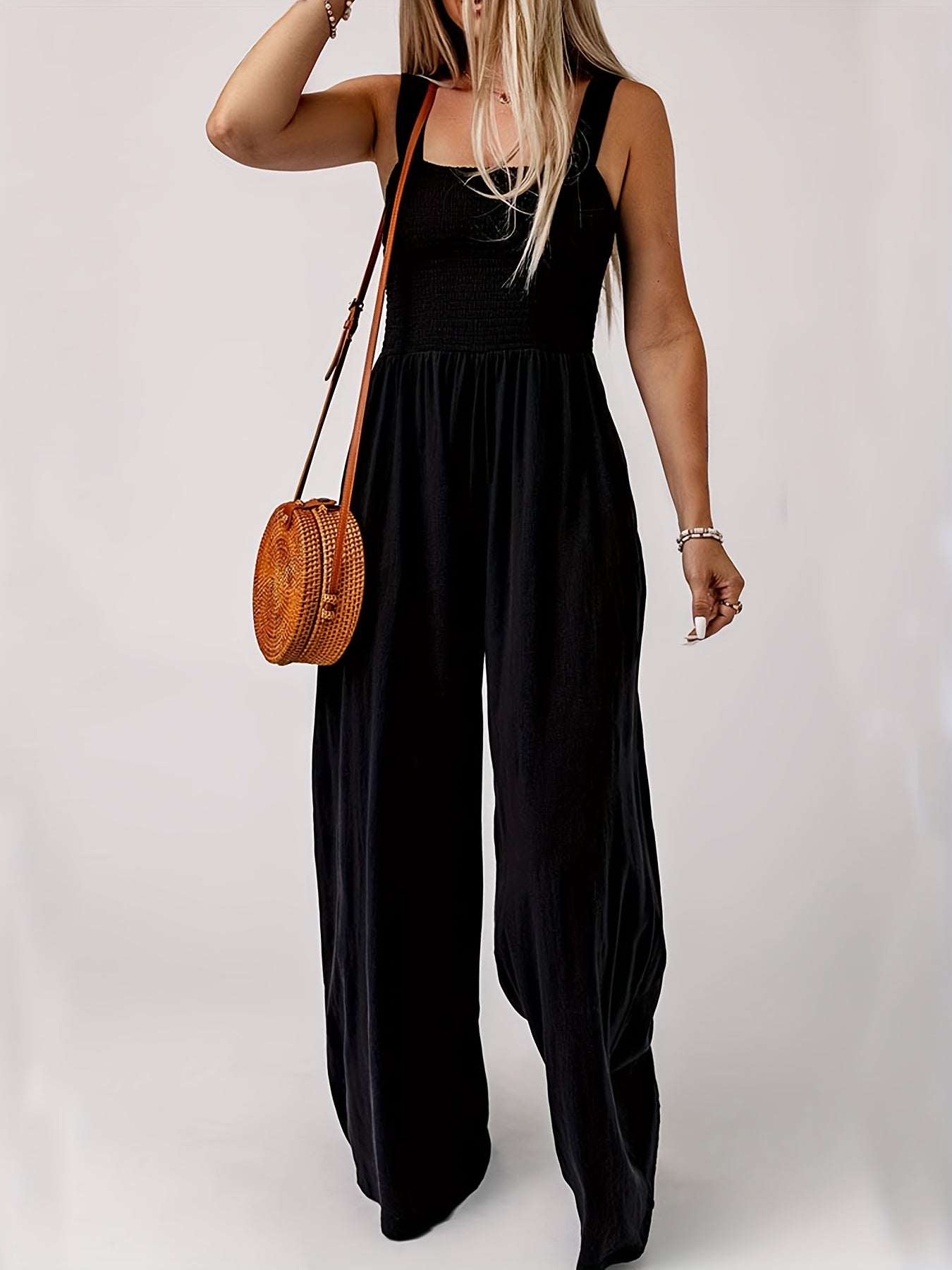 Solid Wide Leg Jumpsuit with Suspender | Women's Clothing