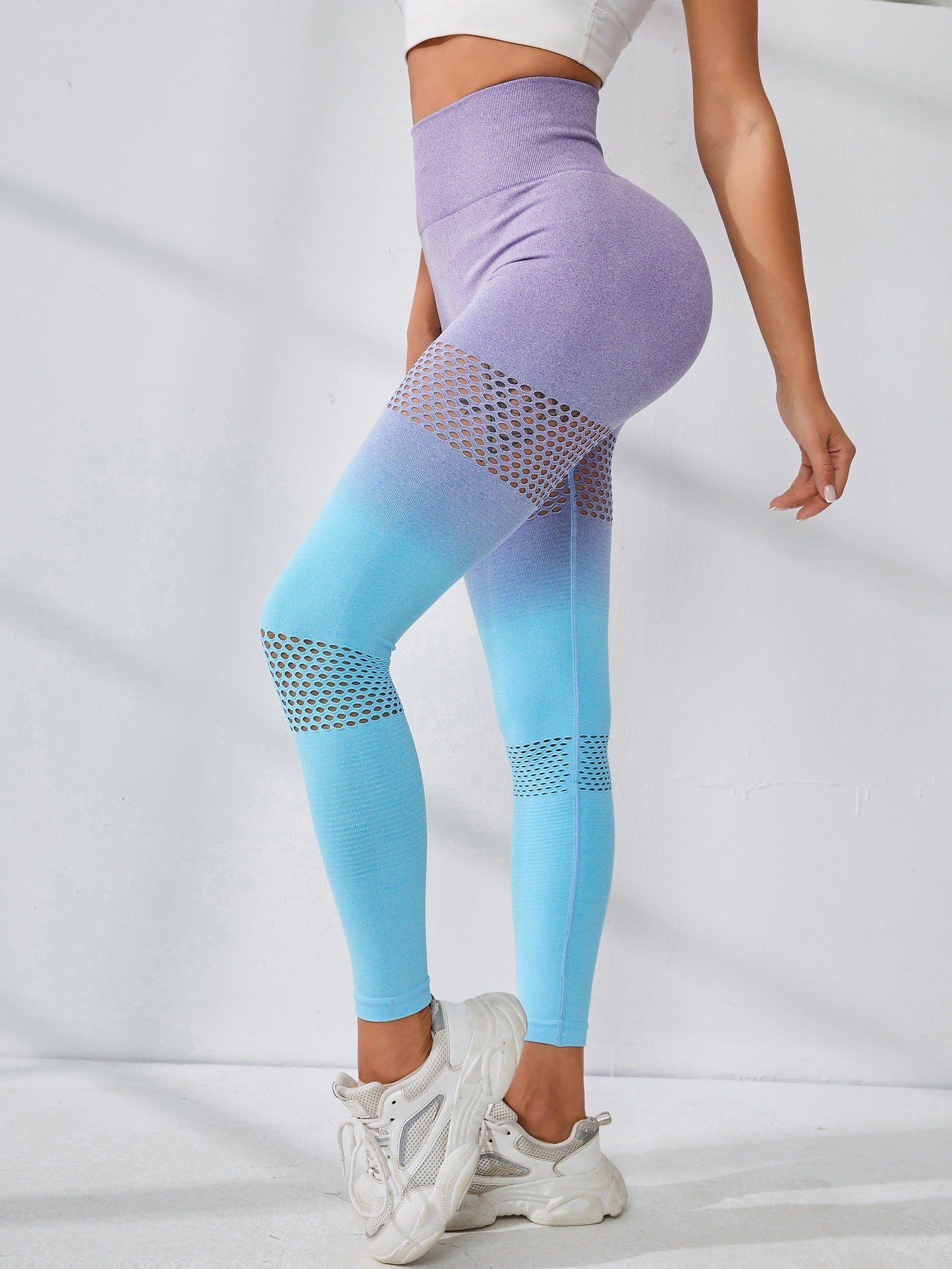 Gradient Stretch Yoga Tummy Control Leggings High Waist Hollow Out Sports Tight