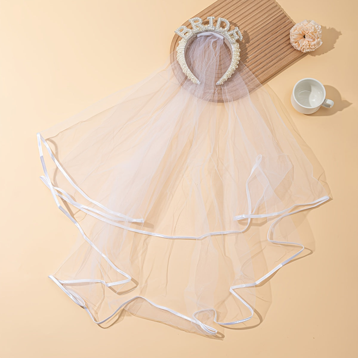 Bridal Headband with Faux Pearl and Rhinestone, Tulle Veil, BRIDE Lettering