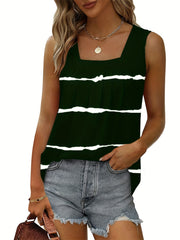 Striped Print Ruched Tank Top Square Neck Sleeveless Casual