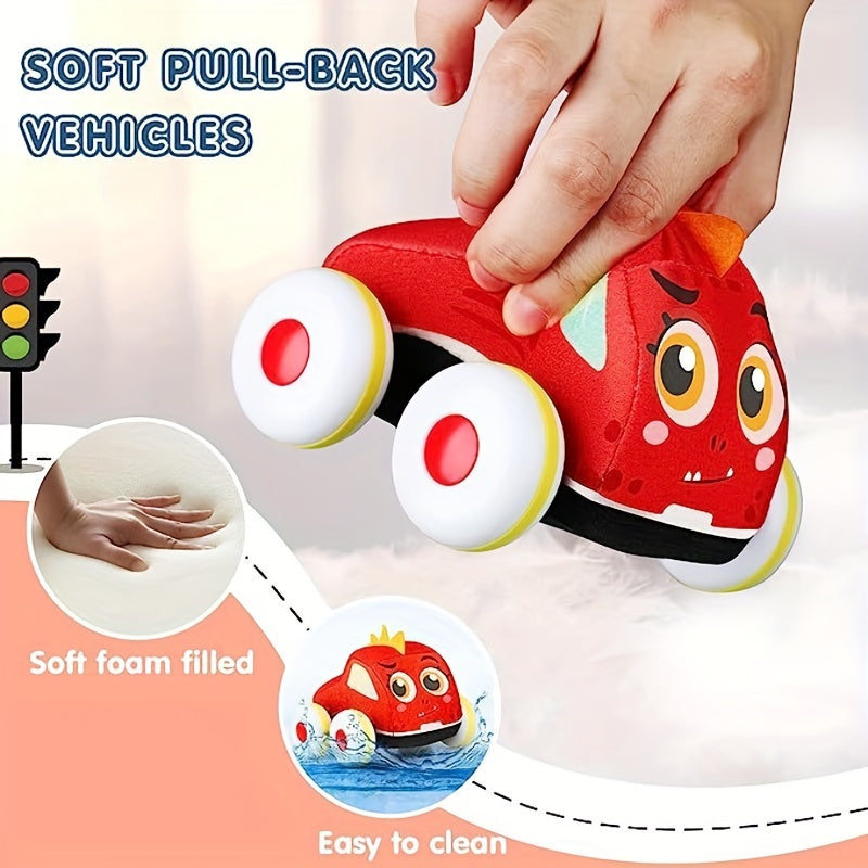 Dino Pull Back Cars for Toddlers 18-36 Months - Plush Toy Cars for Baby