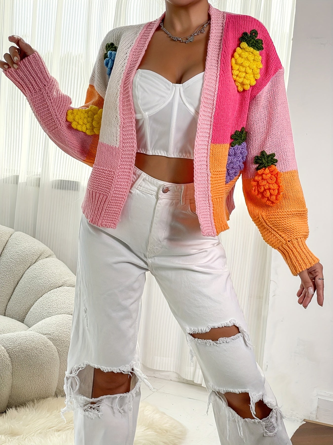 Fruit Embroidery Block Knit Cardigan Open Front Sweater