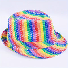 Rainbow Striped Fedora Cap Gay Pride Sequins Bright Party Cap Jazz Top Hats