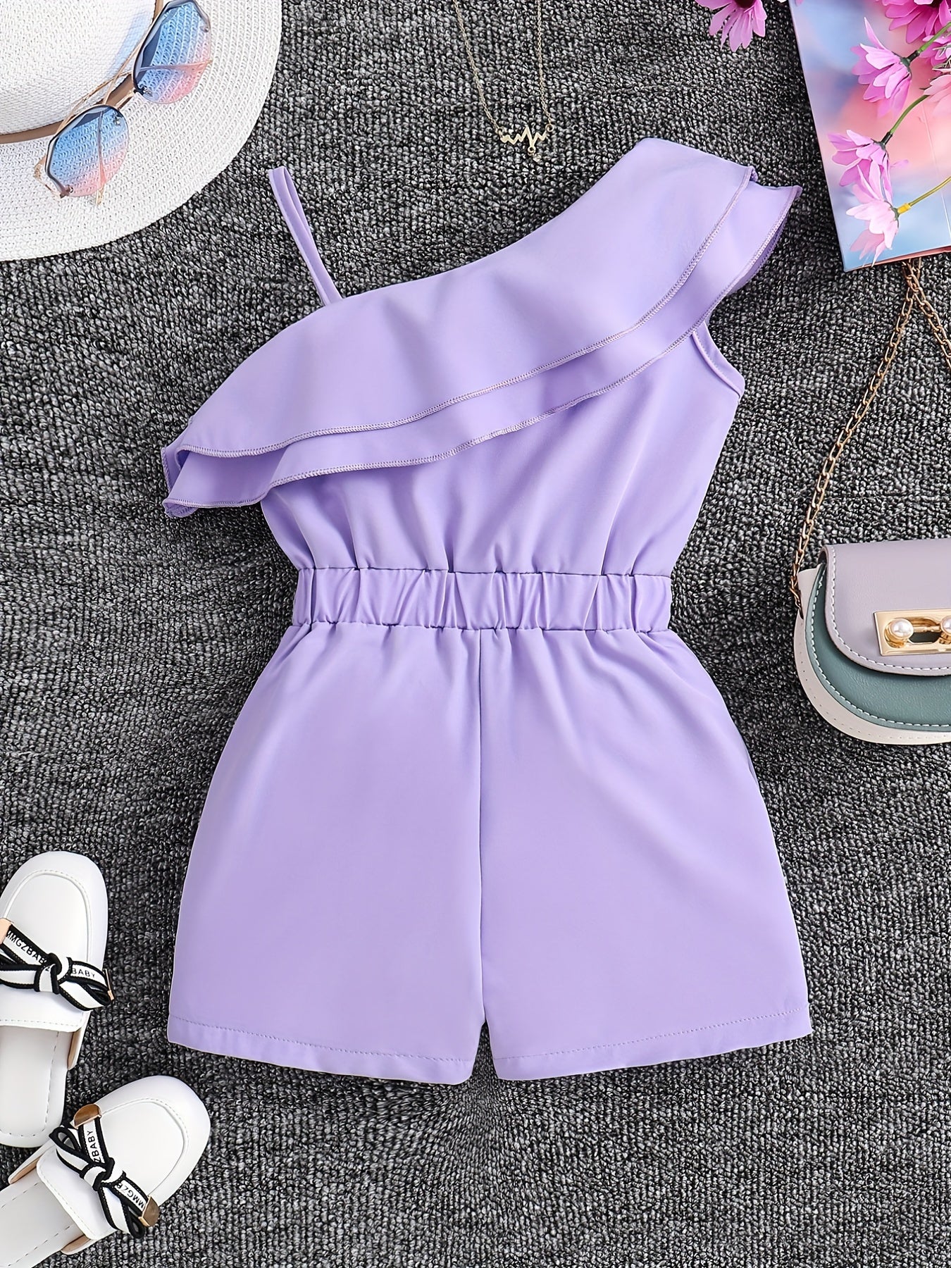 Girls One Shoulder Ruffles Romper Kids Summer Jumpsuit