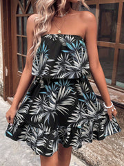 Plant Print Foldover Tube Dress Off Shoulder Summer Dress