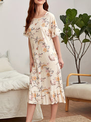 Floral Ruffle Nightdress Short Sleeve Sleep Dress Women's Sleepwear