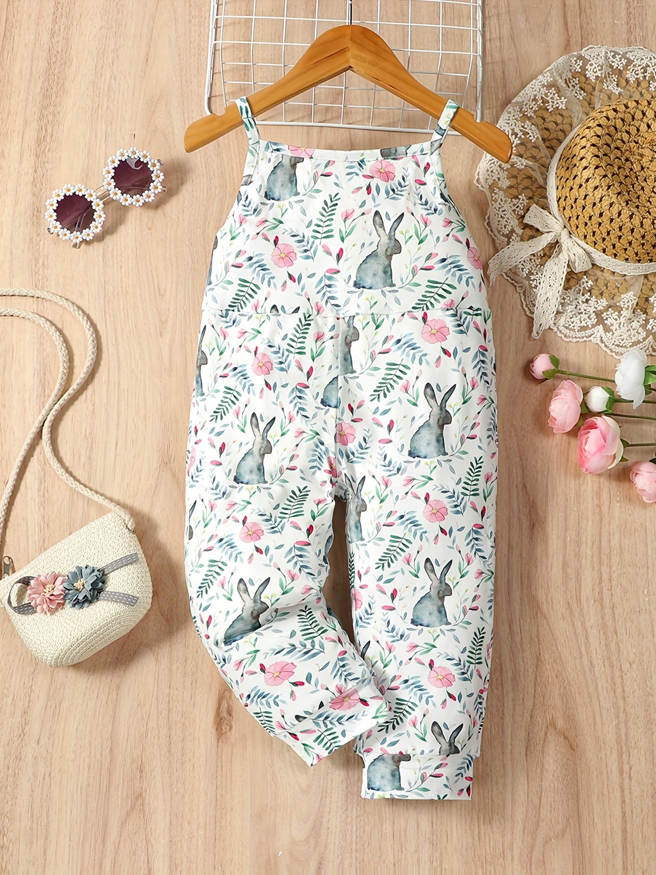 Girls Camisole Jumpsuit Rabbit Floral Print Pants