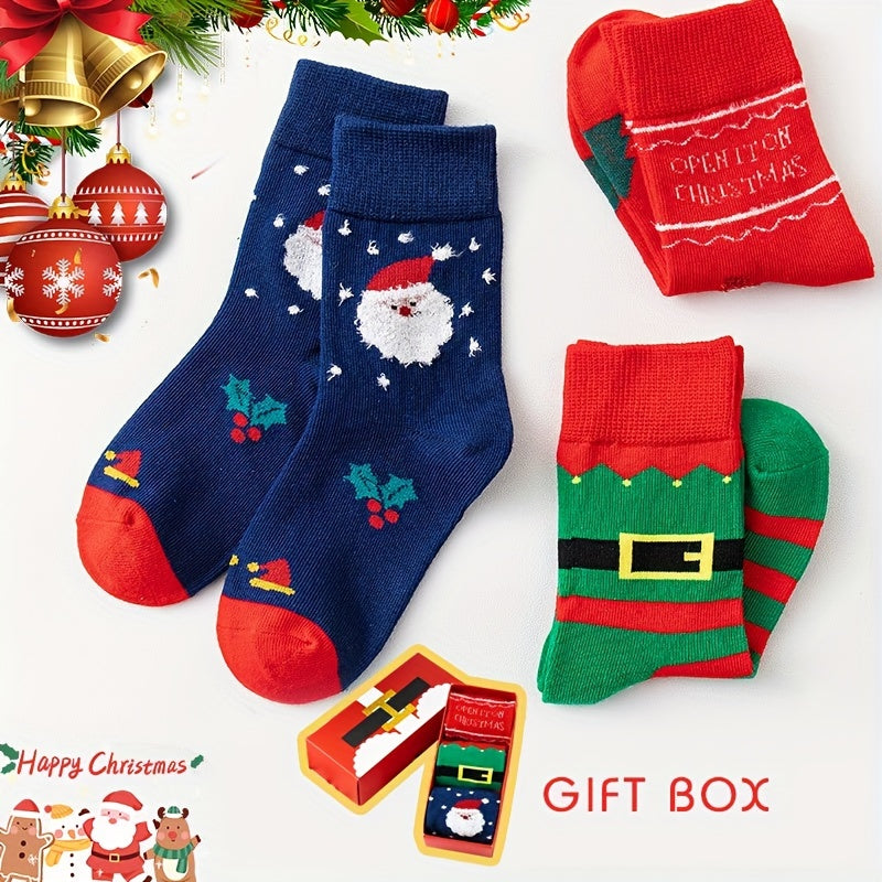 3 Pairs Kids Christmas Socks, Red Cartoon Sleeves, Thick Fleece Warm Socks