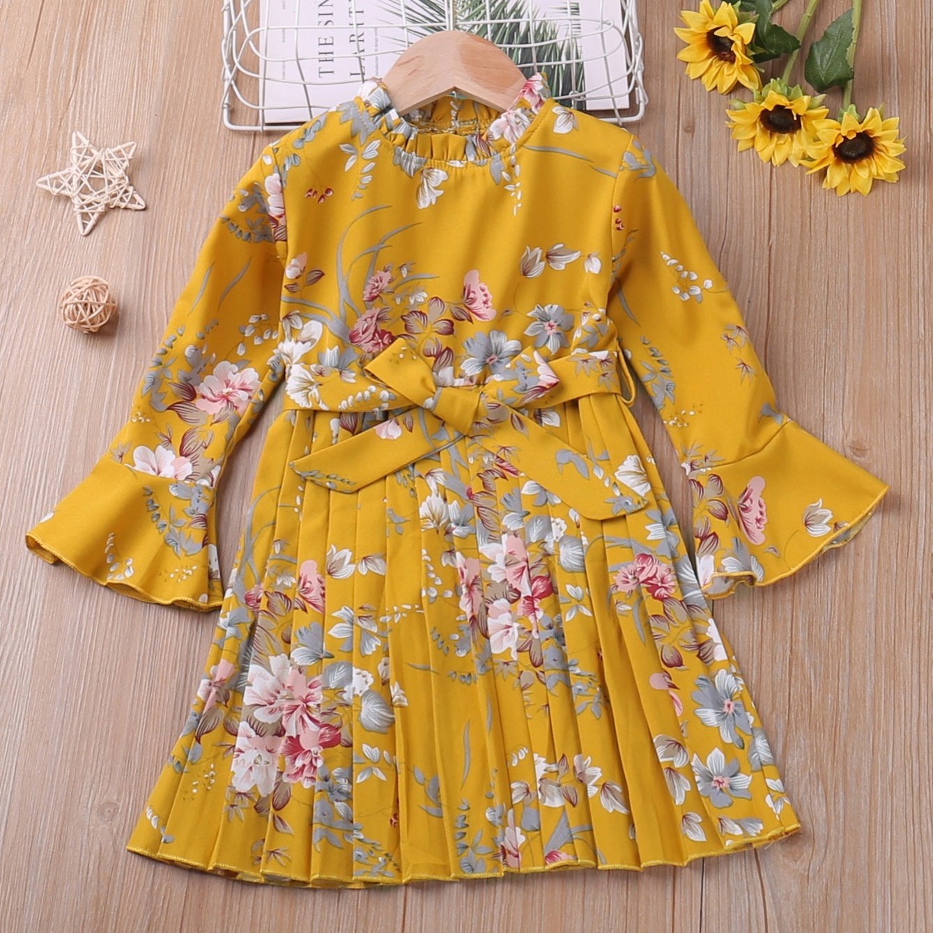 Girls' Botanical Print Long Sleeve Dress