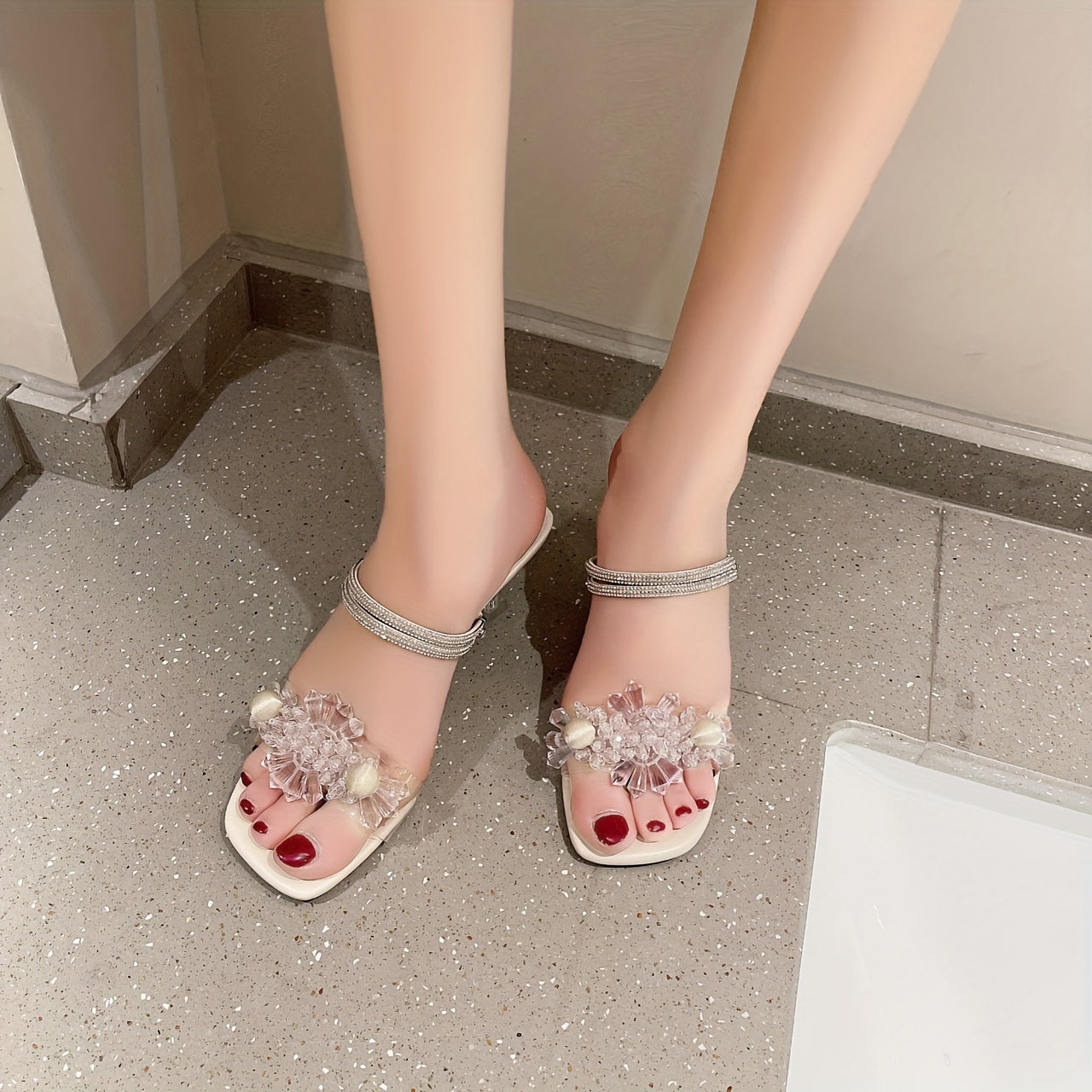 Crystal Rhinestone Heeled Sandals Square Toe Stiletto Summer Pumps
