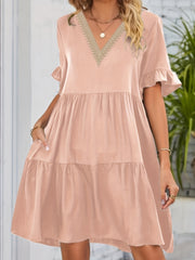 Solid Ruffle Trim Short Sleeve Smock Mini Dress