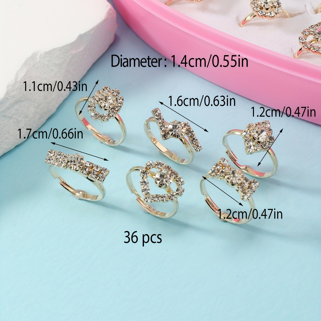 36pcs Girls Rhinestone Rings Set for Kids Gifts