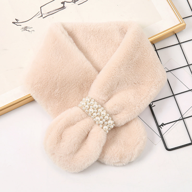 Winter Rabbit Fur Neck Scarf Faux Pearl Buckle Scarf