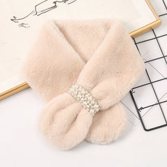 Winter Rabbit Fur Neck Scarf Faux Pearl Buckle Scarf