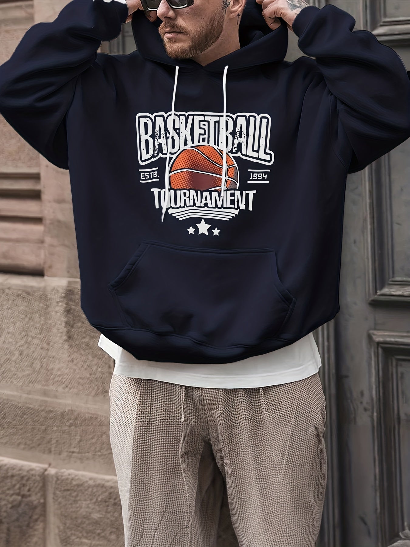 Basketball & Letter Print Hoodies For Men Graphic Sweatshirt Hooded Pullover