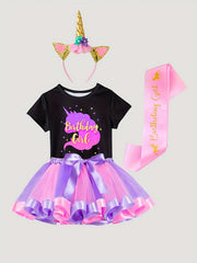 Girl's Birthday Outfit 4pcs Tutu Skirt & T shirt & Headband & Birthday Ribbon