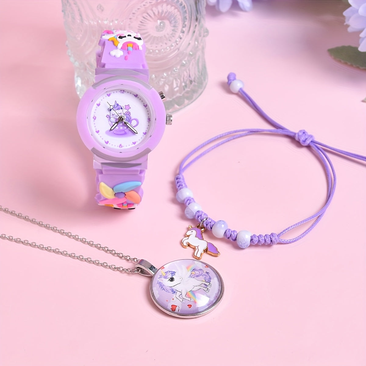 3Pcs Set 3D Silicone Strap Teacup Pony Girls' Quartz Watch