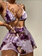 Tie Dye Bikini Set Halter V Neck Backless High Cut with Cover Up Skirt Swimsuit