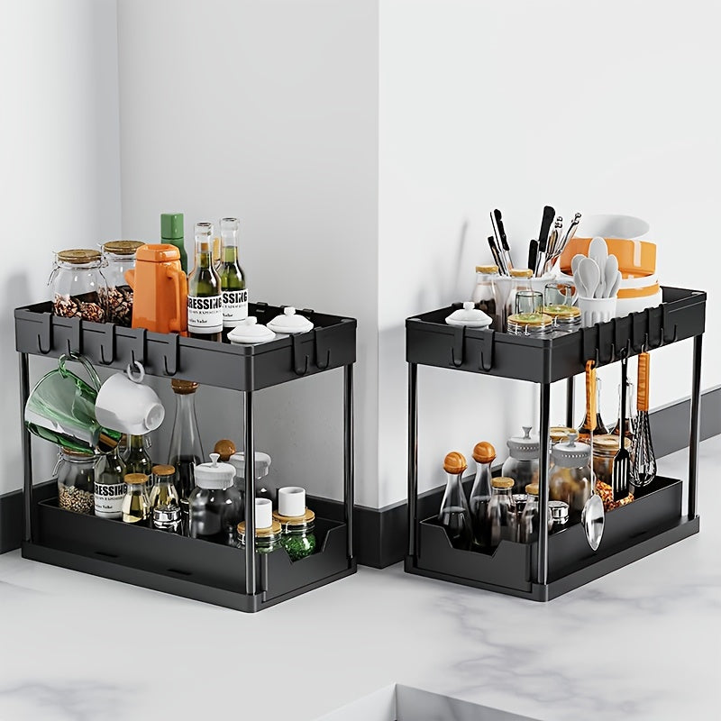 2 Tier Sliding Cabinet Basket Organizer with Hooks for Bathroom