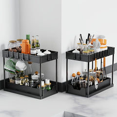 2 Tier Sliding Cabinet Basket Organizer with Hooks for Bathroom