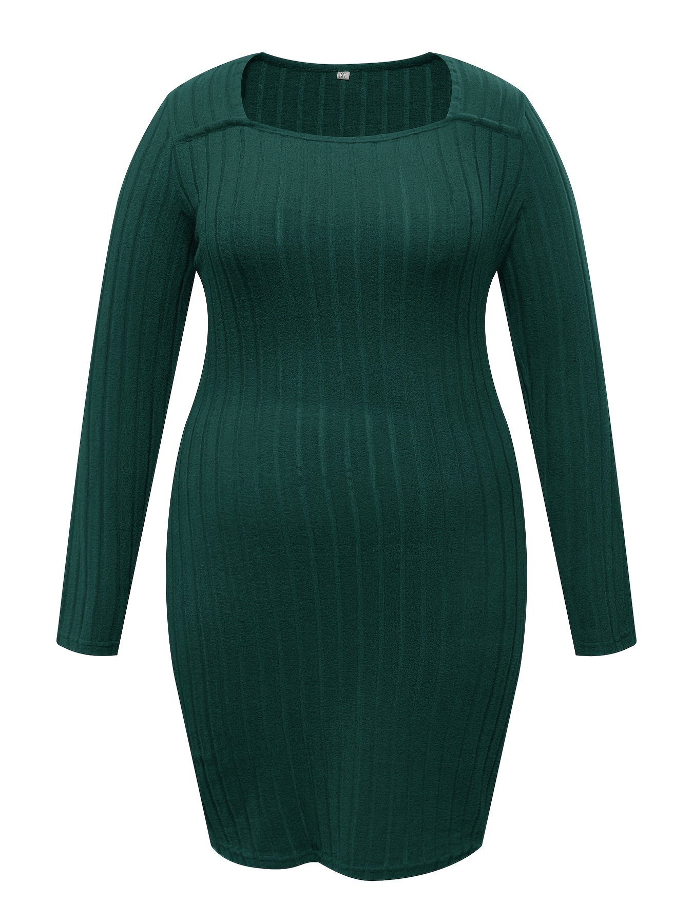 Solid Ribbed Long Sleeve Square Neck Midi Sweater Dress