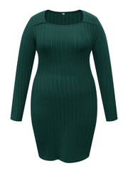 Solid Ribbed Long Sleeve Square Neck Midi Sweater Dress