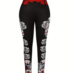 Halloween Goth Leggings Floral Skull Print High Rise Leggings