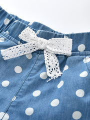 Girls Polka Dot Print Shorts with Lace Bow - Summer