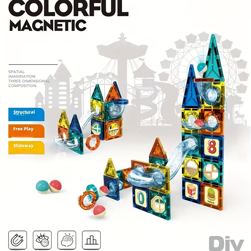 Magnetic Building Blocks Set with Pipe and Ball Track DIY Construction Toy