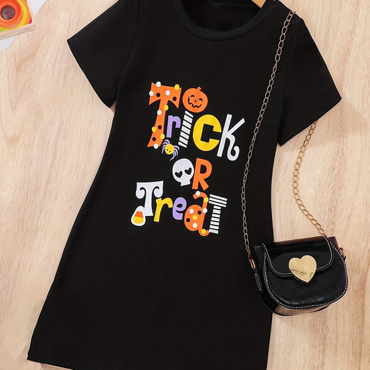 Girls Halloween Dress 'Trick Or Treat' Print Summer Casual Short Sleeves