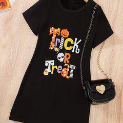 Girls Halloween Dress 'Trick Or Treat' Print Summer Casual Short Sleeves