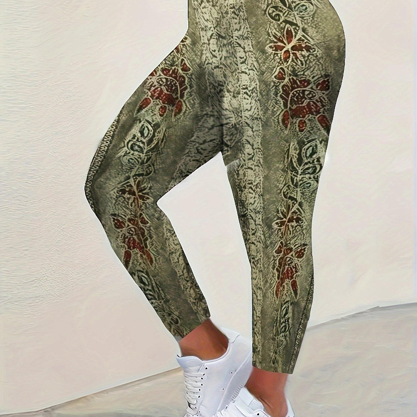 Sporty Distressed Floral Print High Rise Leggings Plus Size
