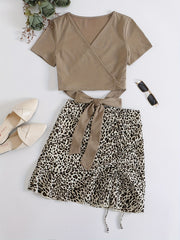 Surplice Neck T-shirt & Leopard Print Skirt Set