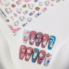 5D Embossed Rabbit Peach Nail Sticker Sakura Rabbit Bubble Water Nail Art