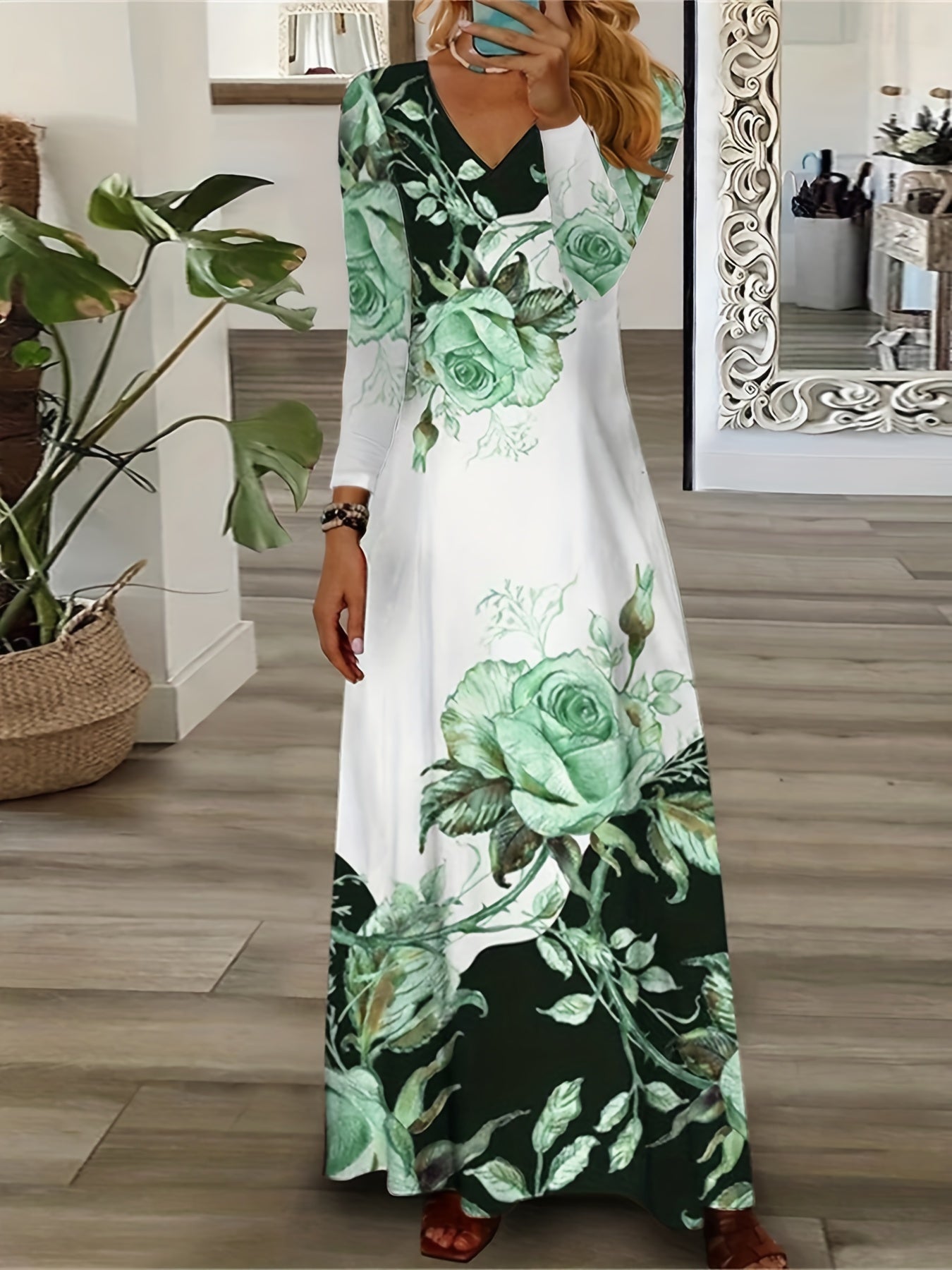 Floral Print V Neck Maxi Dress Long Sleeve Medium Stretch