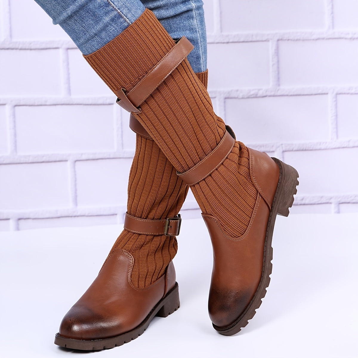 Women's Knitted Chunky Heel Mid Calf Boots