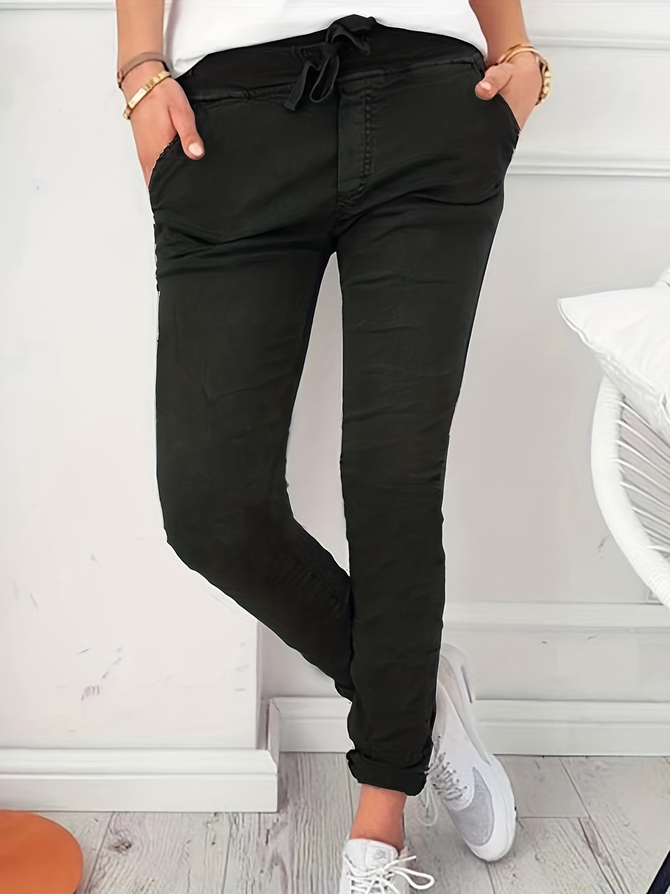 Drawstring Long Length Pants Casual Solid Pants With Pockets