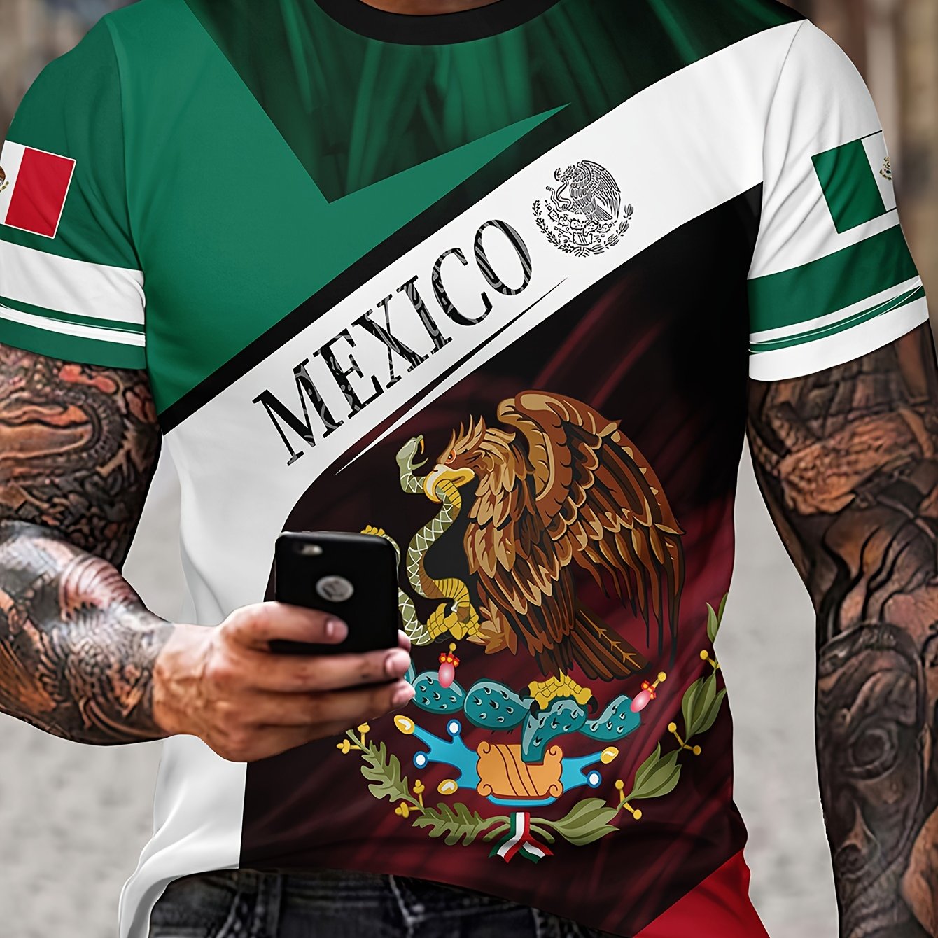 Eagle Holding Snake 'Mexico' Pattern Men's Tee - Summer Stylish T-shirt