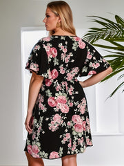 Floral Print Dress Flutter Sleeve Stretchy Casual D