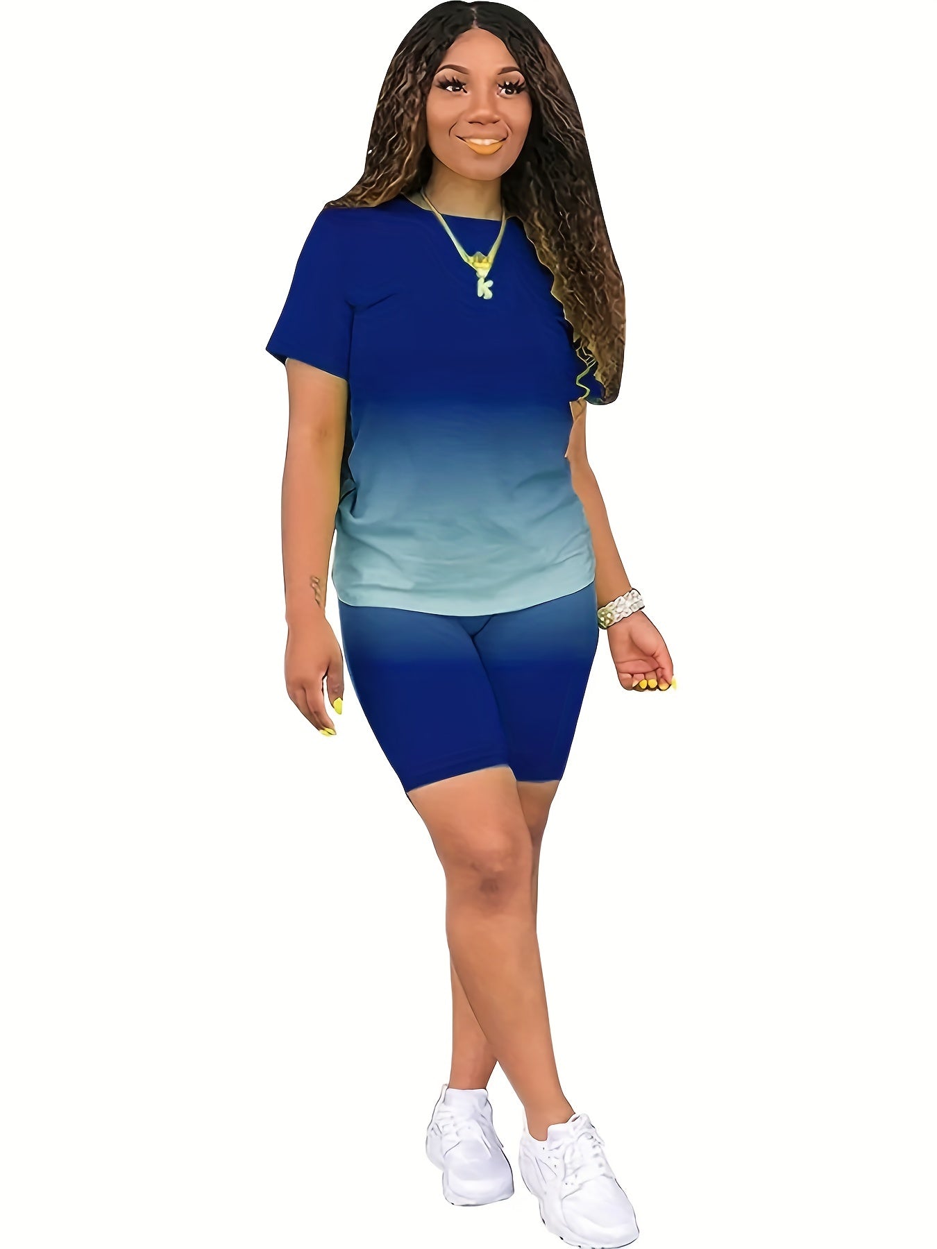 Gradient Casual 2pc Set Crew Neck Tee & Slim Shorts Outfits Women's Clothing