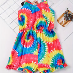 Girls Spiral Tie Dye Ruffle Trim Sleeveless Jumpsuit