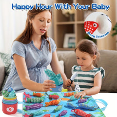 Kids Cloth Fishing Toys 2 Rods 18 Fish Cups Educational Set