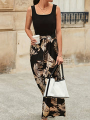 Tropical Print Belted Wide Leg Jumpsuit Boho Sleeveless Jumpsuit