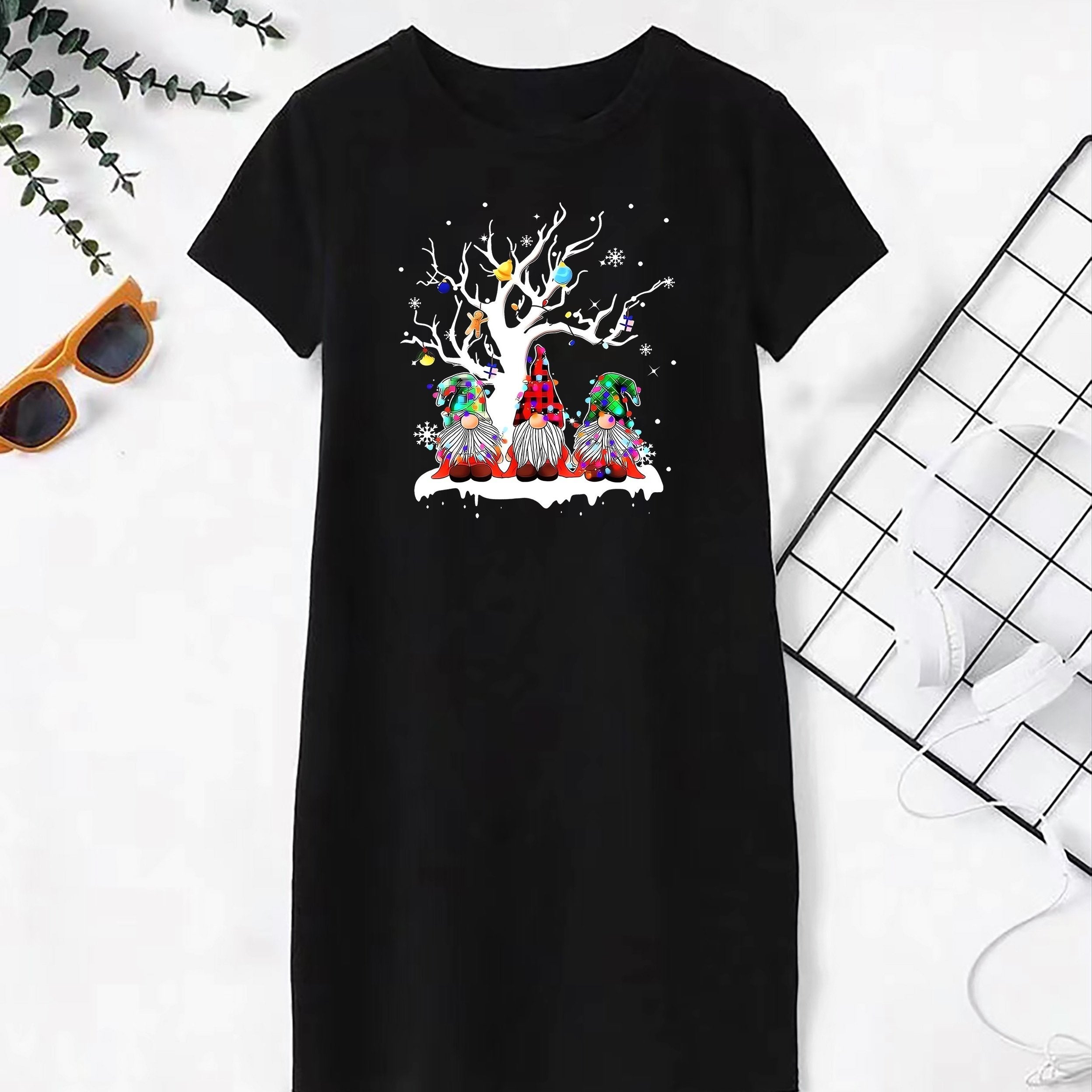 Christmas Casual Dress Women's Plus Cartoon Print Short Sleeve Dress