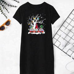 Christmas Casual Dress Women's Plus Cartoon Print Short Sleeve Dress