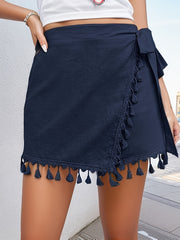 Retro Skort Women's Plus Solid Wrap Tassel Trim Side Tie Elastic